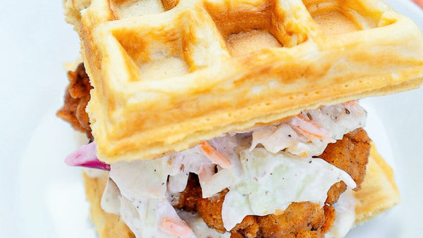 Pickle Brined Fried Chicken Waffle Sandwiches