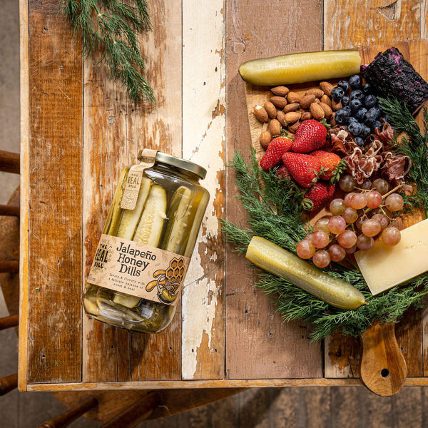 Charcuterie board with Jalapeño Honey Dills