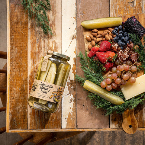 Charcuterie board with Jalapeño Honey Dills
